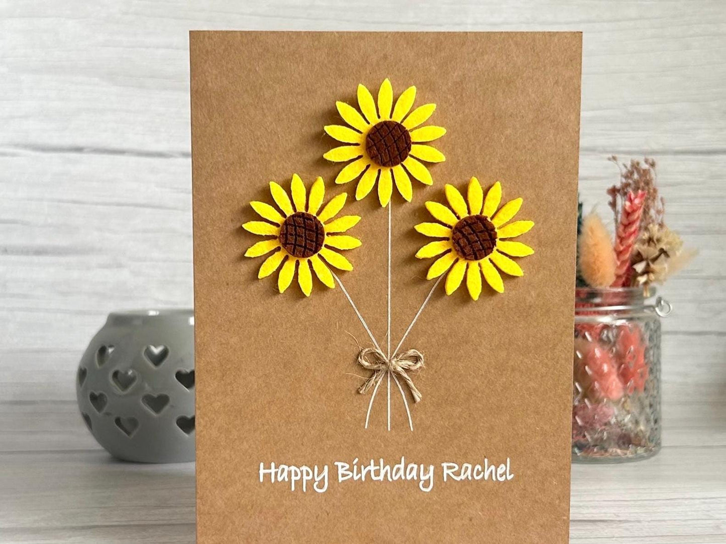Personalised Felt Sunflower Birthday Card, Handmade 3D Flower Card for Mum or Friend, Rustic Floral Birthday Keepsake,