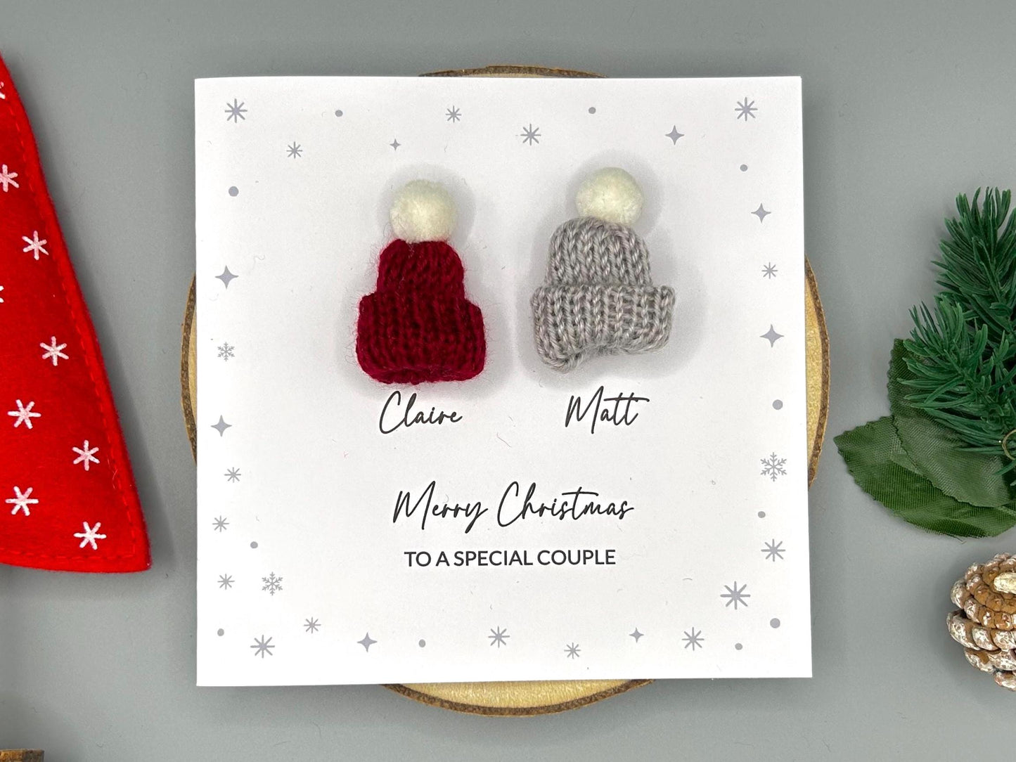 Merry Christmas to a Special Couple - Personalised Christmas Card With 3D Knitted Bobble Hats