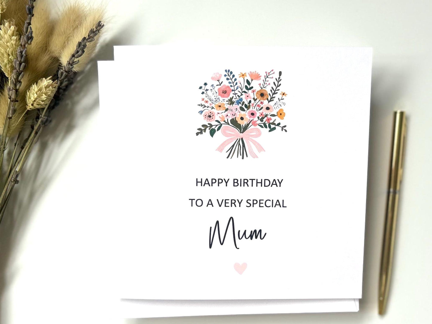 Personalised Mum Birthday Card, Happy Birthday Mum Card, Mum Floral Birthday Card With Ribbon Tied Bouquet