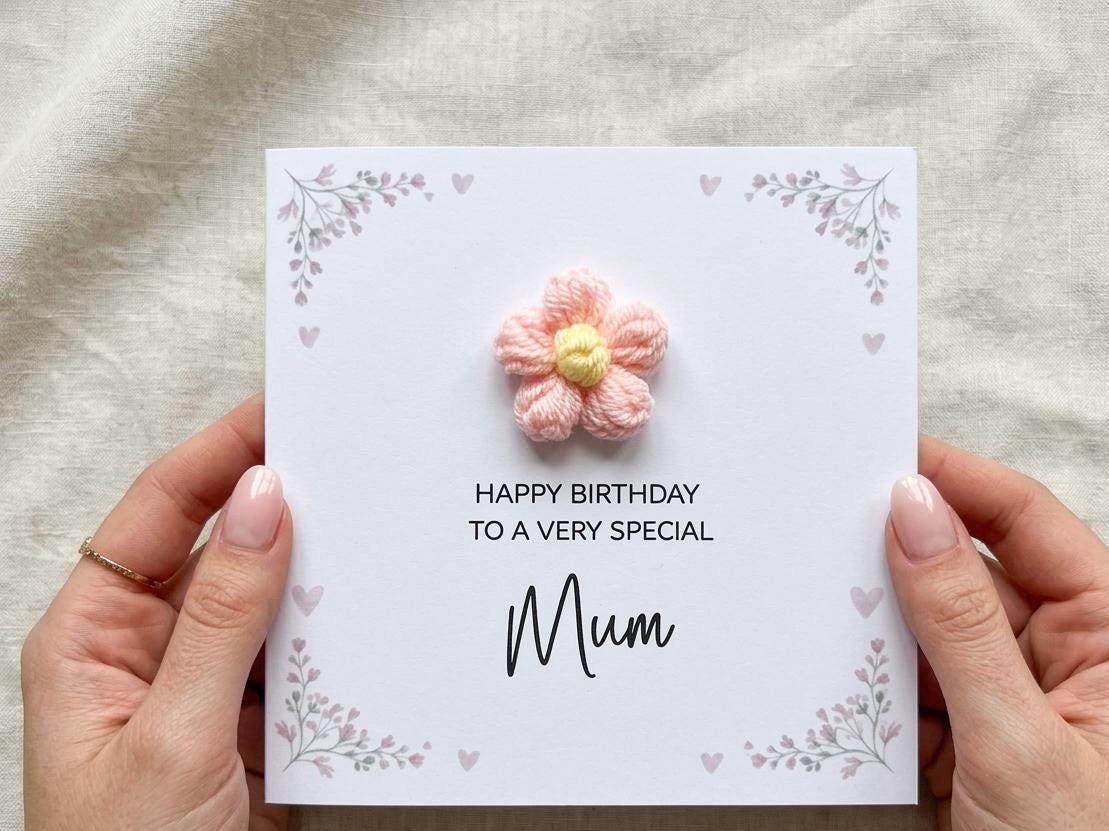 Personalized Handmade Birthday Card with 3D Coral Pink Flower and Floral Border