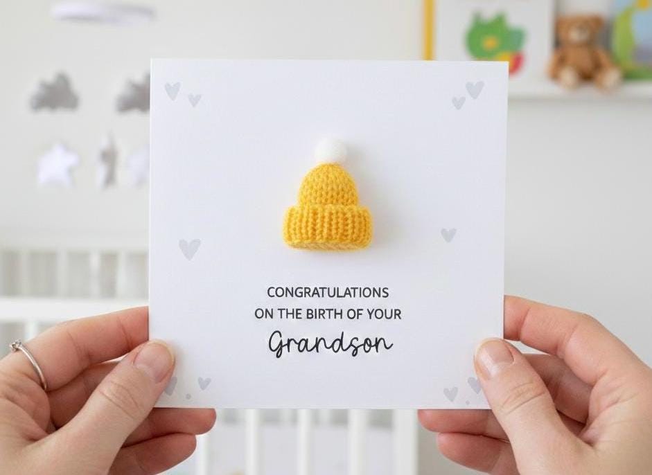 Congratulations On The Birth On Your Granddaughter - Handsome 3D Bobble Hat Personalised Baby Card for Grandparents
