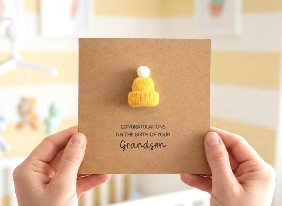 Welcome to the World, It's a Boy, Personalised New Baby Card, Handmade Knitted Bobble Hat, Personalised Baby Card