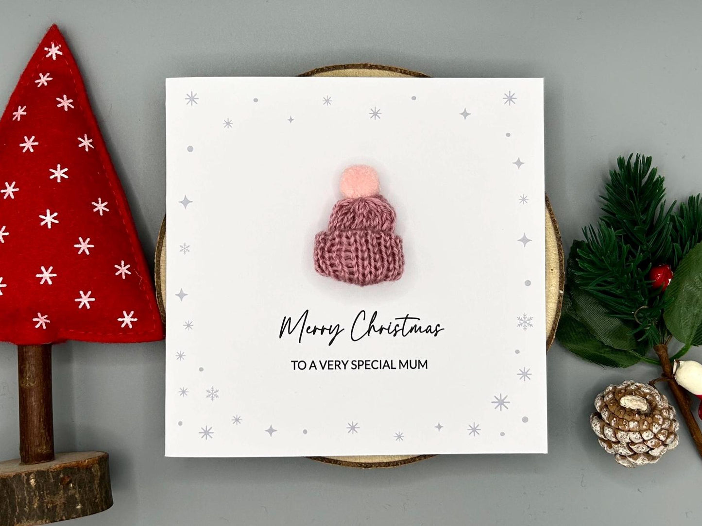 Merry Christmas To A Special Mum, Handmade Christmas Card With 3D Knitted Bobble Hat