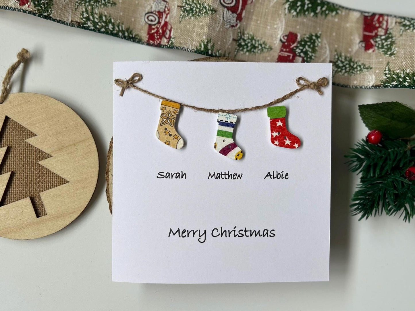 Personalised Family Christmas Card: to a special family, names and Stockings