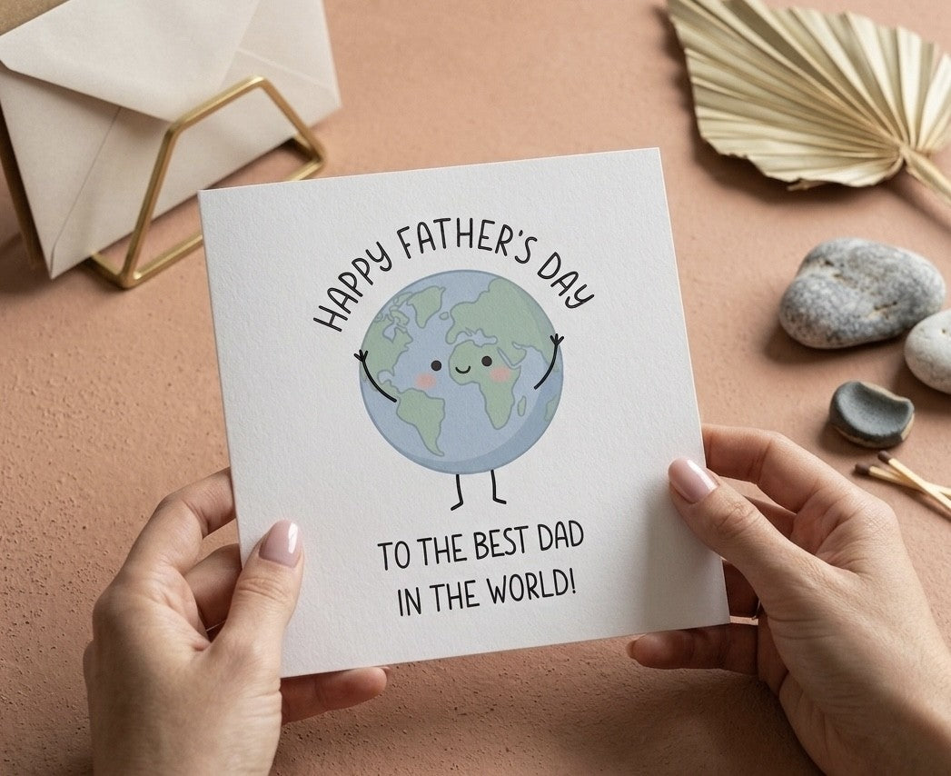 Best Dad In The World Card, Cute Fathers Day Card for Dad, Unique Illustrated Earth Card For Daddy, Grandad