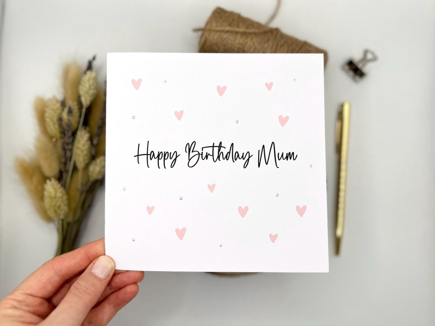Handmade Mum Birthday Card, Hearts and Silver Embellishments