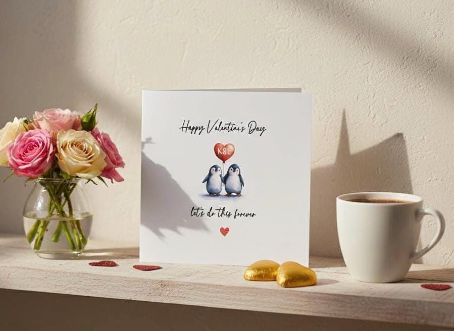 Personalised Penguin Valentine's Day Card, Custom Initial Heart Love Card for Husband, Wife, Partner. Let’s Do This Forever' Card