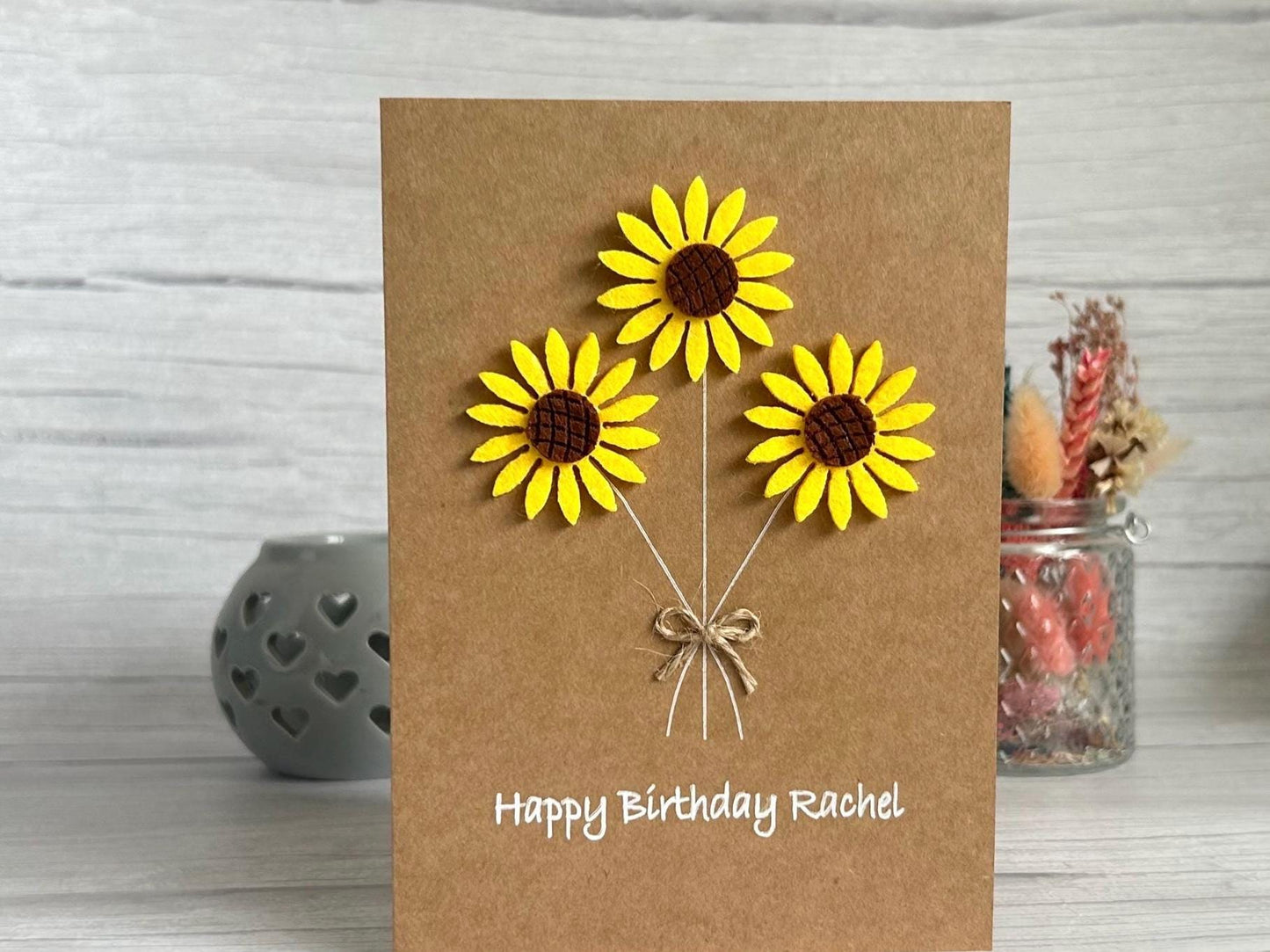 Personalised Felt Sunflower Birthday Card, Handmade 3D Flower Card for Mum or Friend, Rustic Floral Birthday Keepsake,