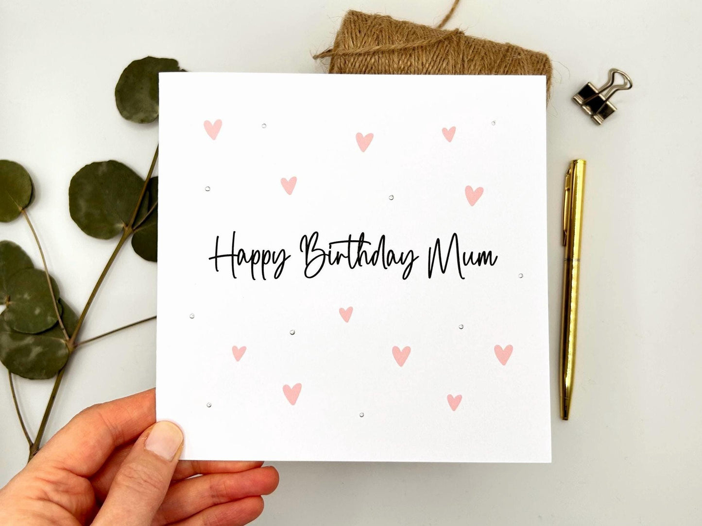 Handmade Mum Birthday Card, Hearts and Silver Embellishments