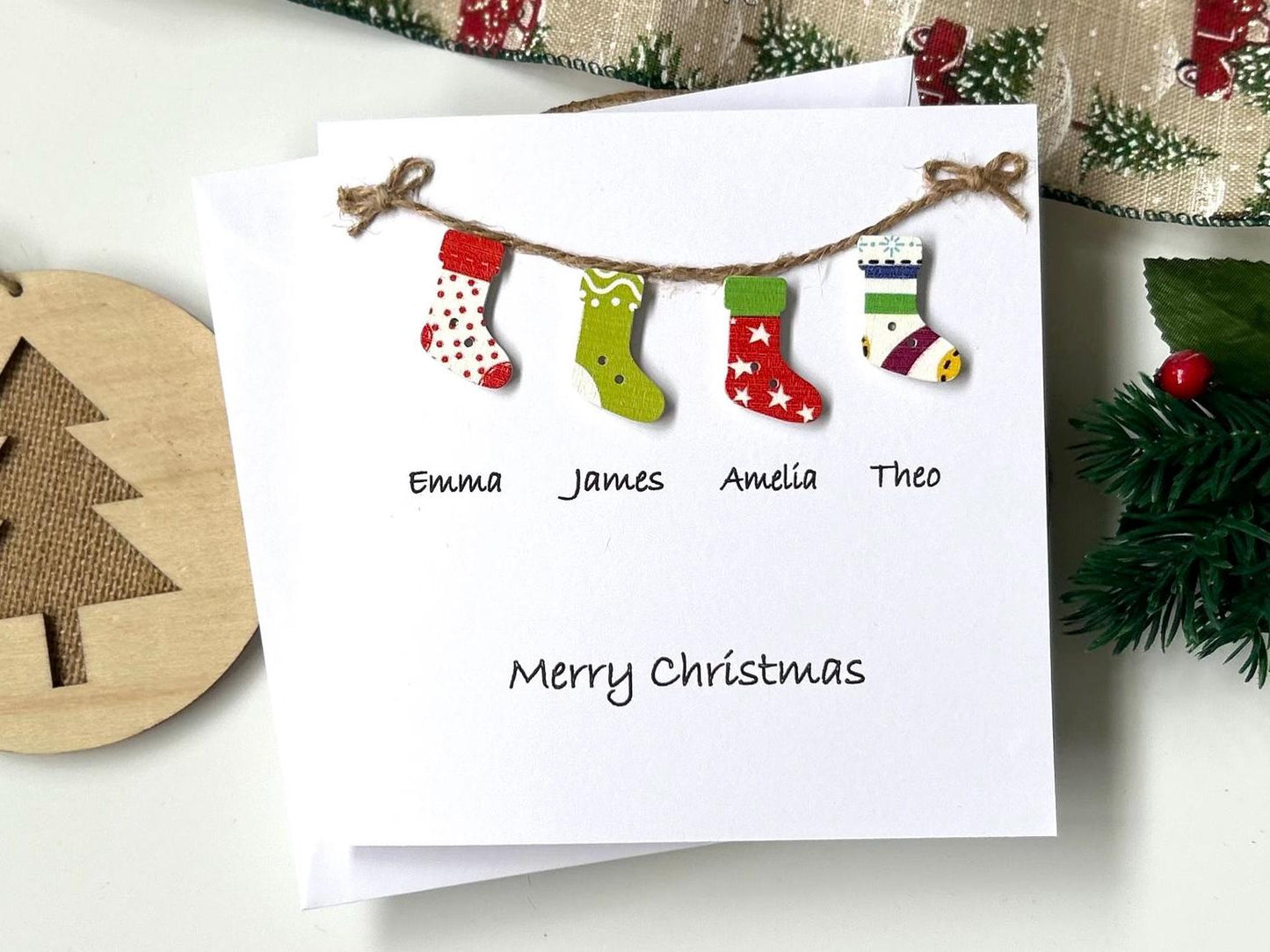 Personalised Family Christmas Card: to a special family, names and Stockings
