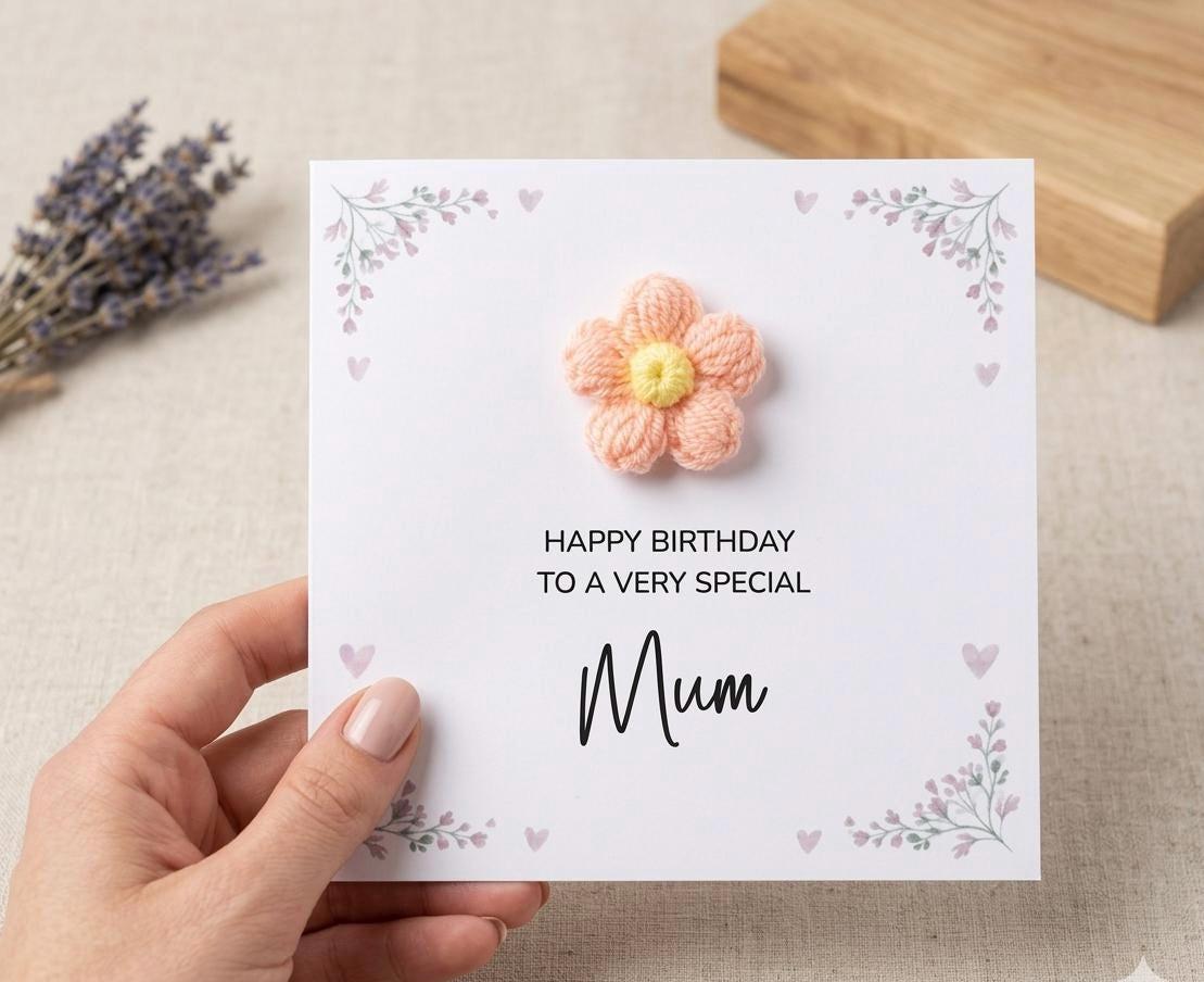Personalized Handmade Birthday Card with 3D Coral Pink Flower and Floral Border