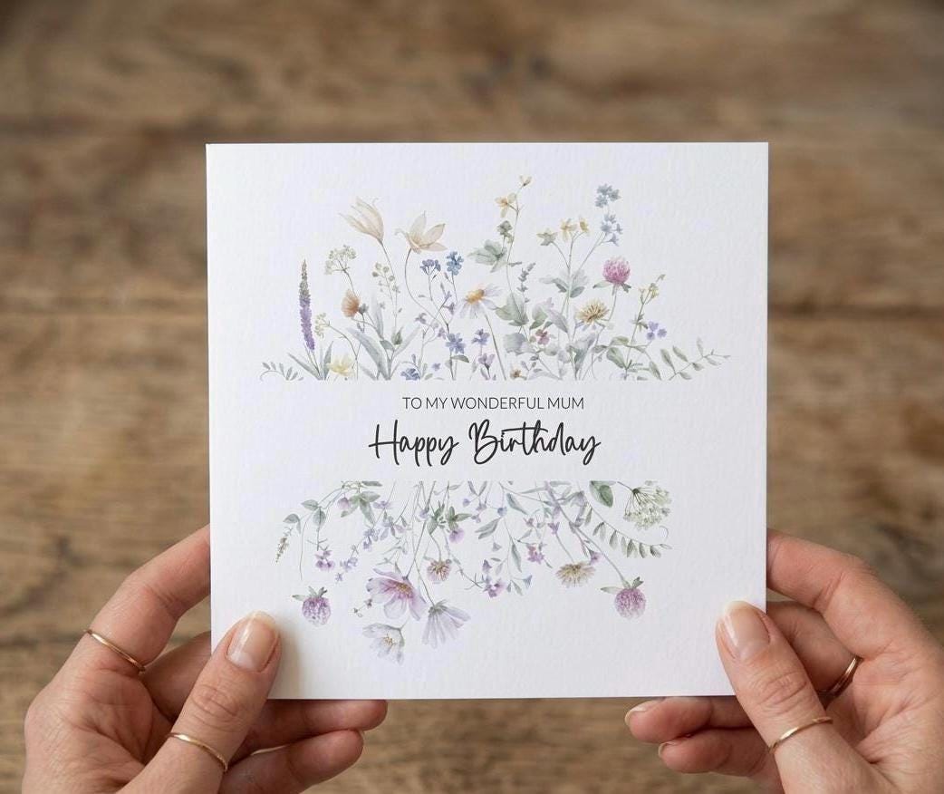 Personalised Mum Birthday Card, Happy Birthday Mum Card, Mum Floral Birthday Card, Watercolour Botanical Wildflowers