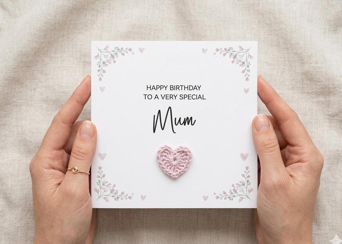 Handmade 3D Crochet Heart Birthday Card for Mum, Special Mum Crochet Heart Card