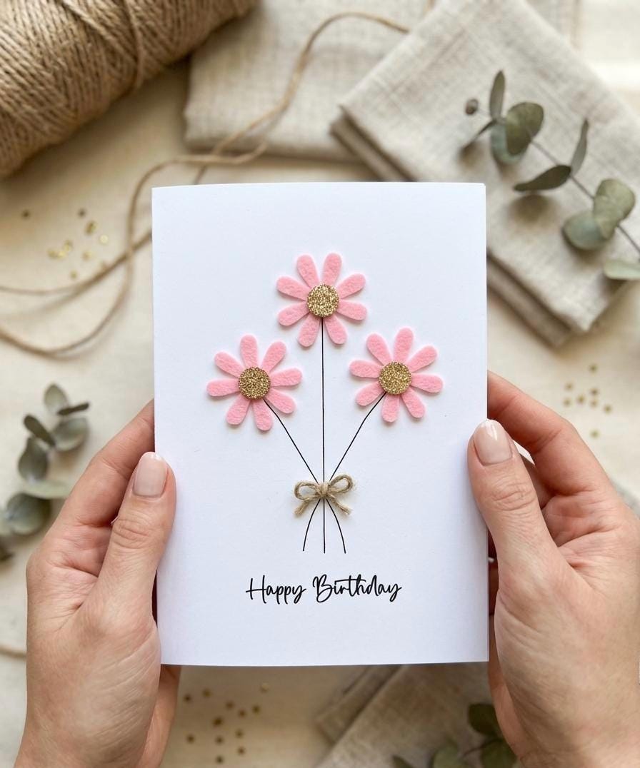 Personalised Daisy Birthday Card, Sparkly Daisy Card, Any Occasion, Handmade Flowers Card for Her, Floral Birthday Card