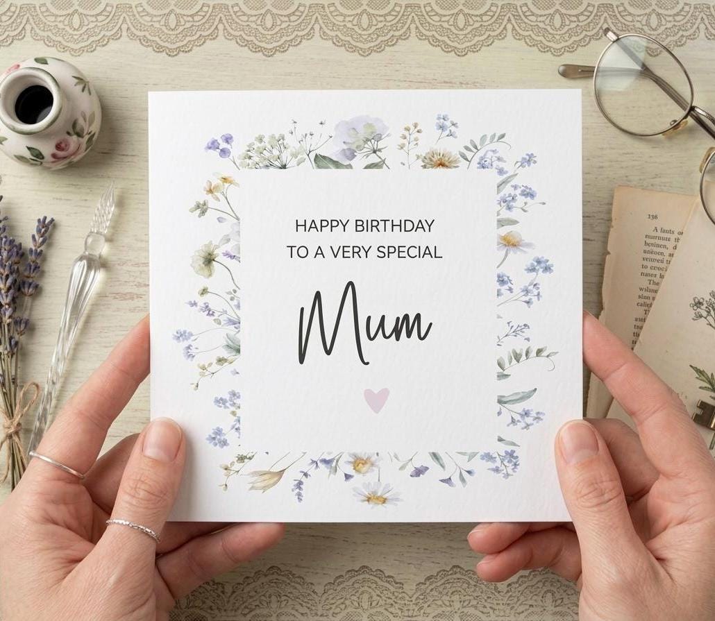 Wildflower Bouquet Mum Birthday Card, Floral Border Card For Mum, Mam, Mummy