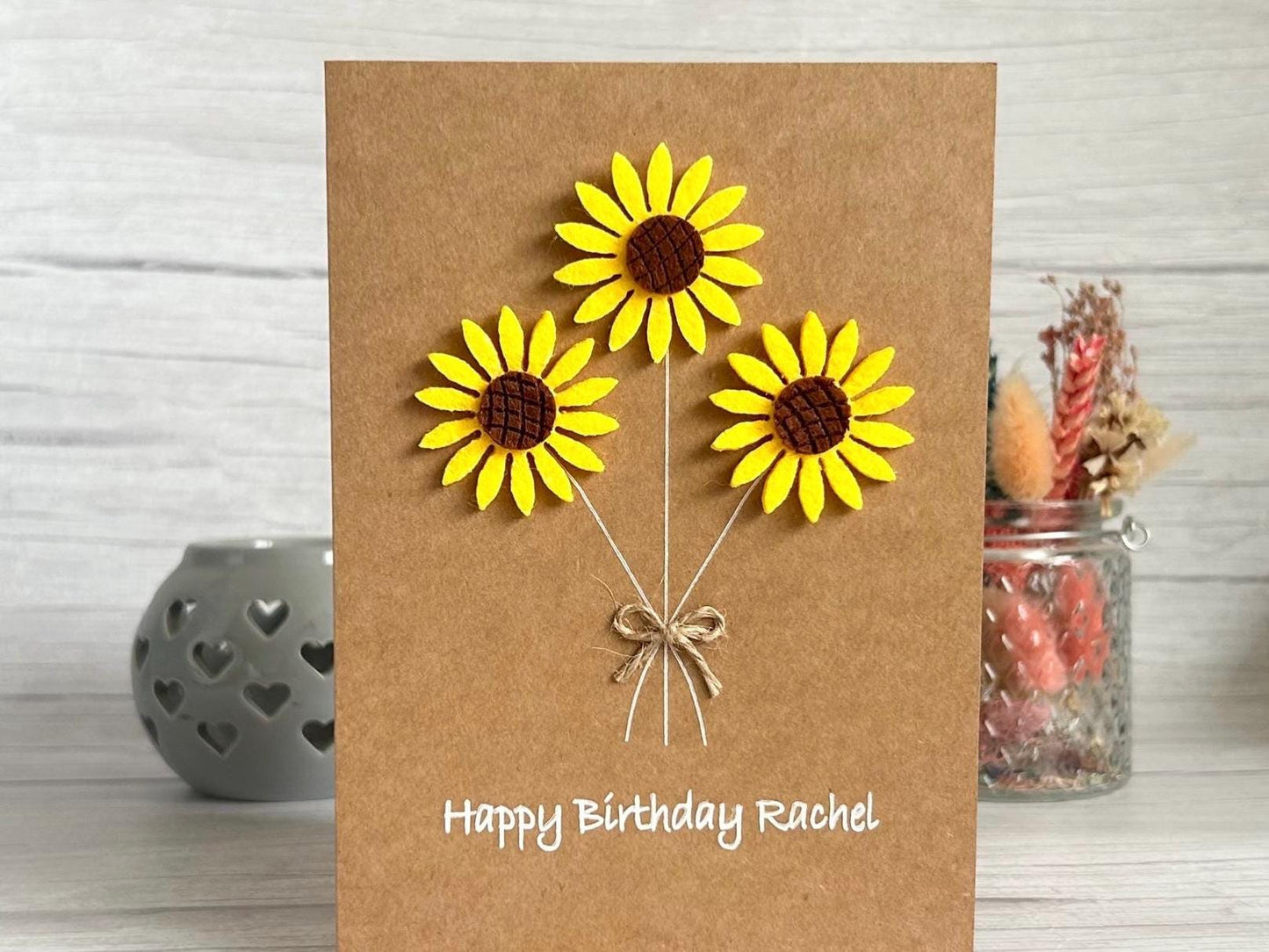 Personalised Felt Sunflower Birthday Card, Handmade 3D Flower Card for Mum or Friend, Rustic Floral Birthday Keepsake,