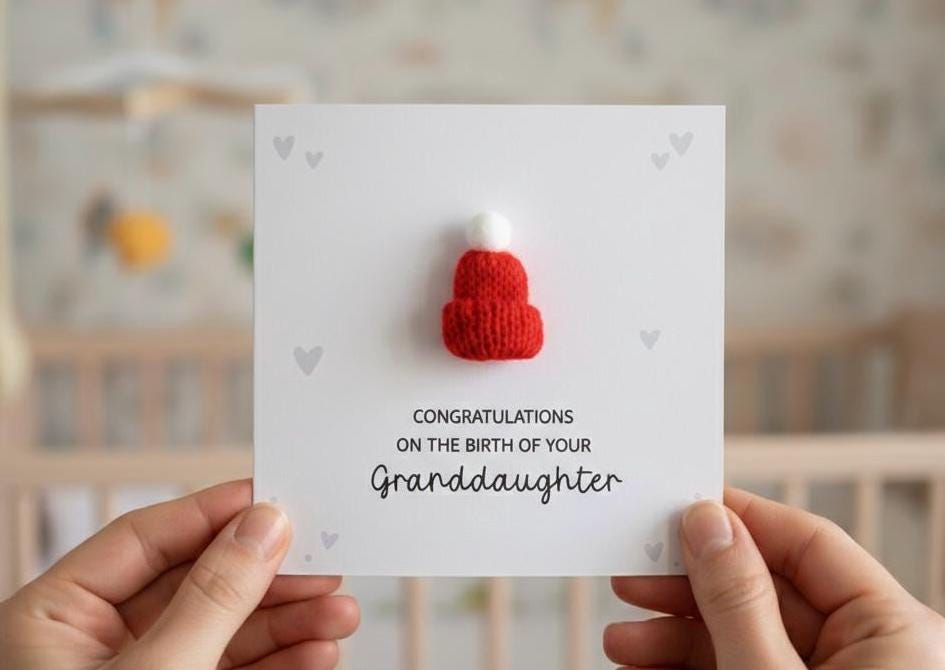 Congratulations On The Birth On Your Granddaughter - Handsome 3D Bobble Hat Personalised Baby Card for Grandparents