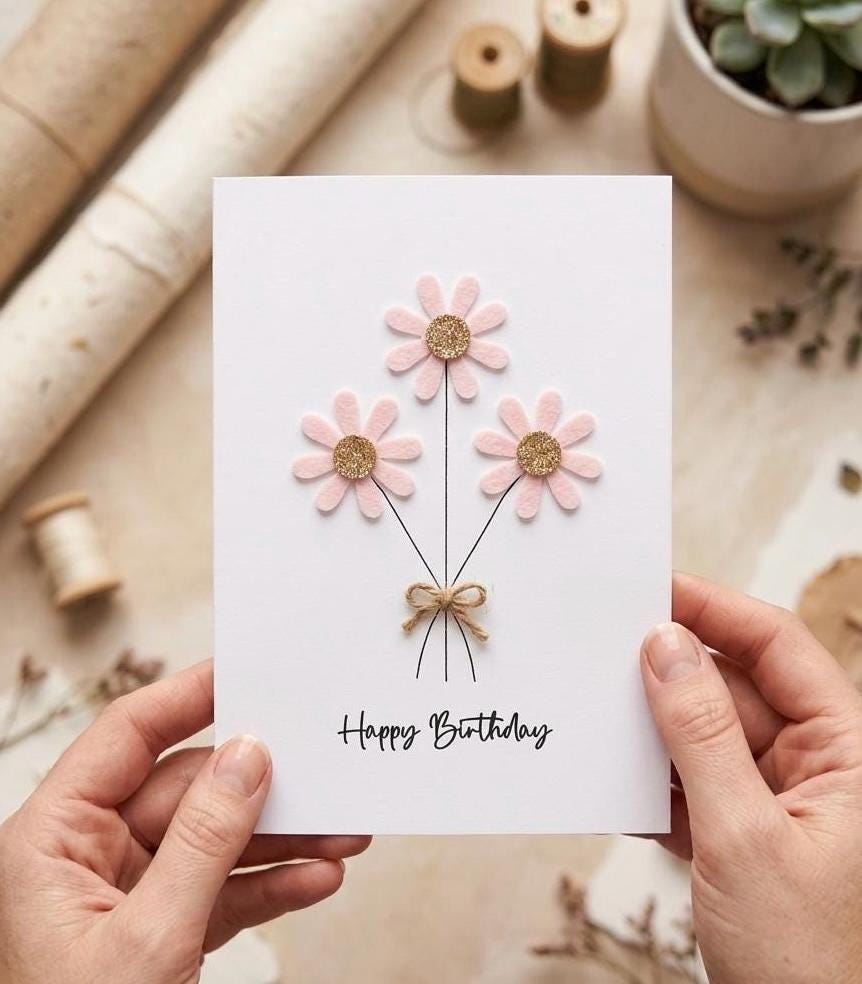Personalised Daisy Birthday Card, Sparkly Daisy Card, Any Occasion, Handmade Flowers Card for Her, Flowers Birthday Card