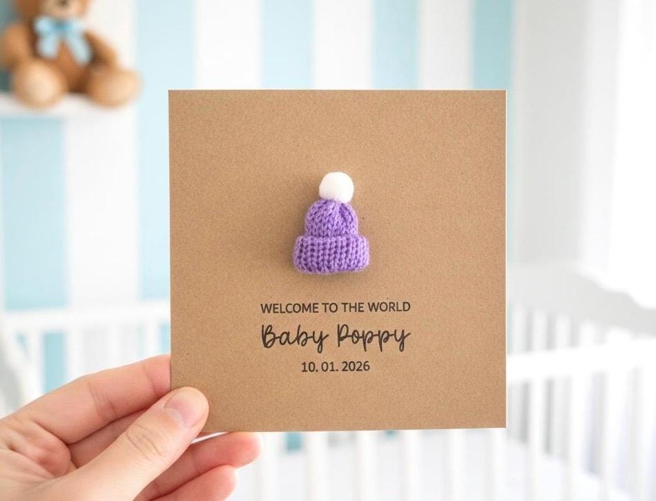Personalised Knitted New Baby Card, Handmade Knitted Bobble Hat, New Baby Girl Card, Baby Granddaughter