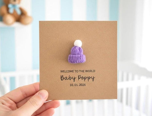 Personalised Knitted New Baby Card, Handmade Knitted Bobble Hat, New Baby Girl Card, Baby Granddaughter