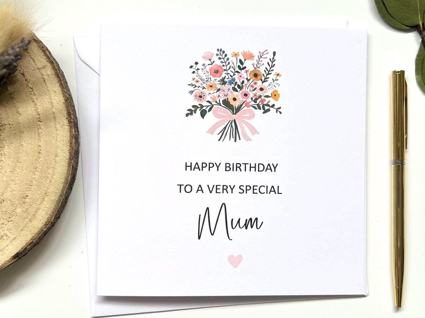 Personalised Mum Birthday Card, Happy Birthday Mum Card, Mum Floral Birthday Card With Ribbon Tied Bouquet
