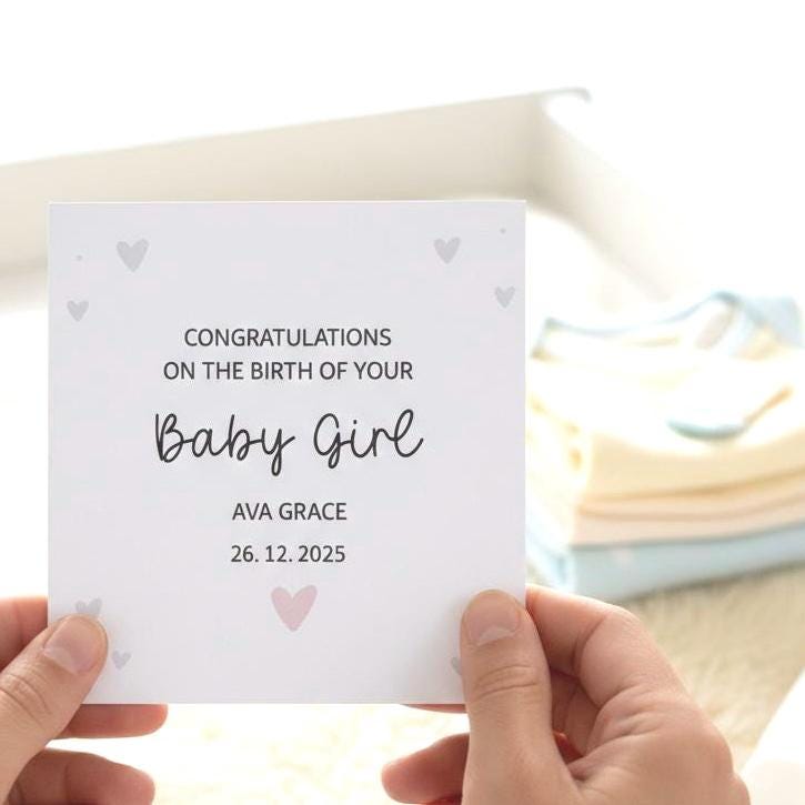 Personalised New Baby Girl Card with Name and Date, Custom 'Congratulations' Birth of Your Girl Card, Handmade Minimalist Heart Keepsake.