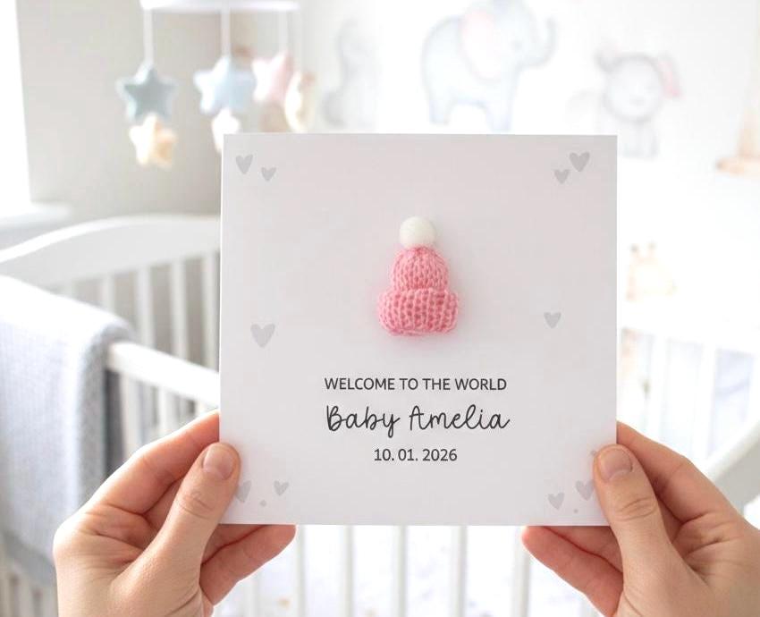 Personalised New Baby Girl Card, Handmade Knitted Bobble Hat Baby Card for New Parents, Custom 'Welcome to the World' Newborn Card