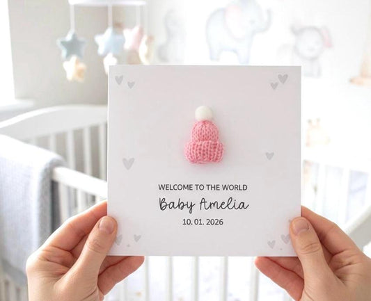 Personalised New Baby Girl Card, Handmade Knitted Bobble Hat Baby Card for New Parents, Custom 'Welcome to the World' Newborn Card