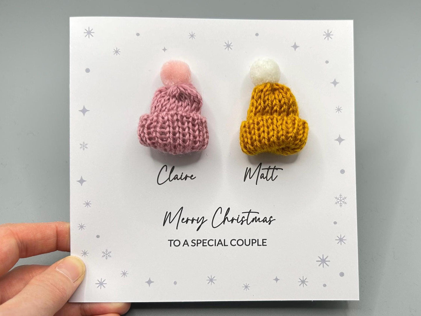 Merry Christmas to a Special Couple - Personalised Christmas Card With 3D Knitted Bobble Hats