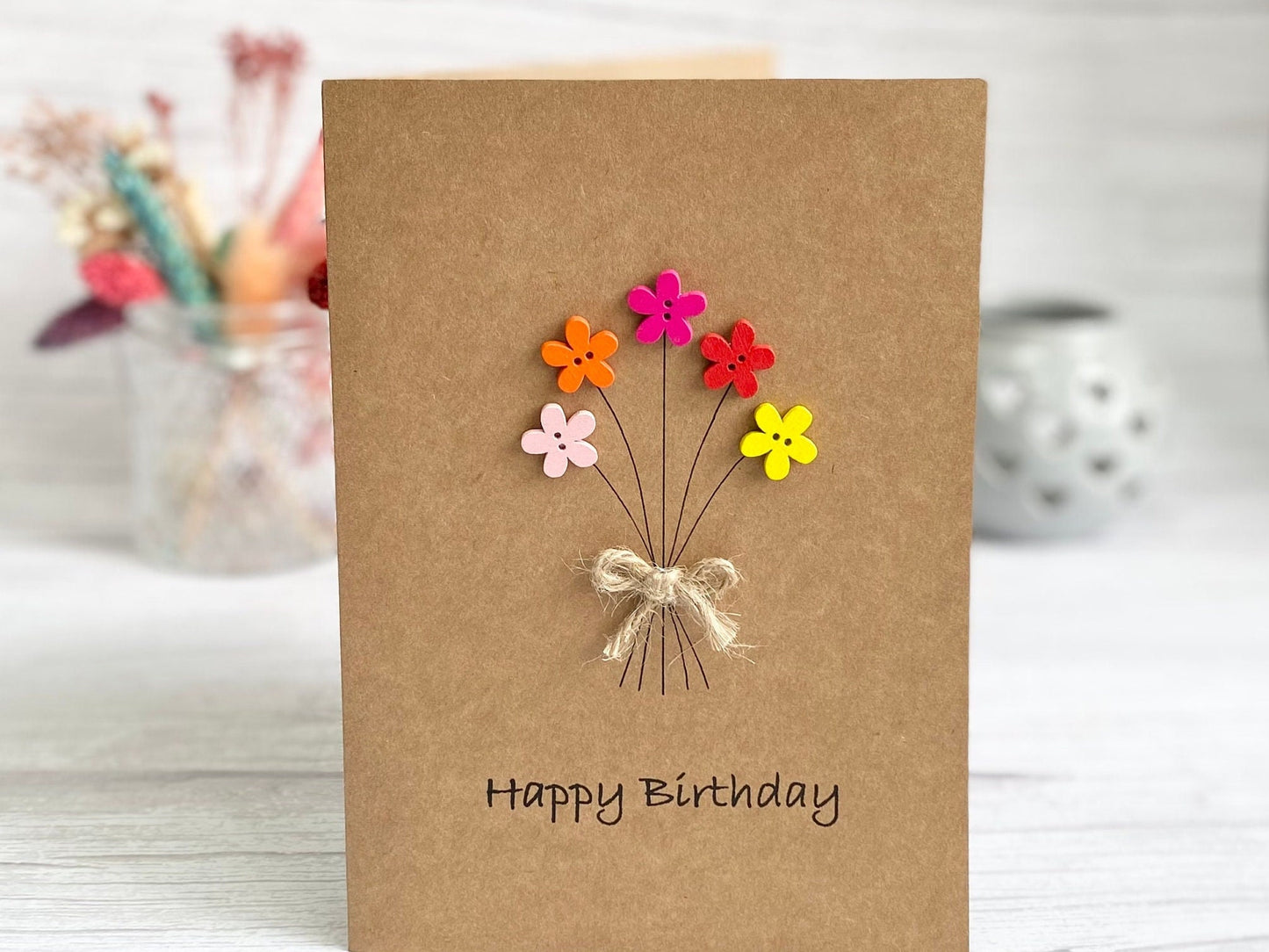 Personalised Happy Birthday Card, Friends Birthday Card, Button Birthday Card, Flowers Birthday Card, Mum Birthday Card