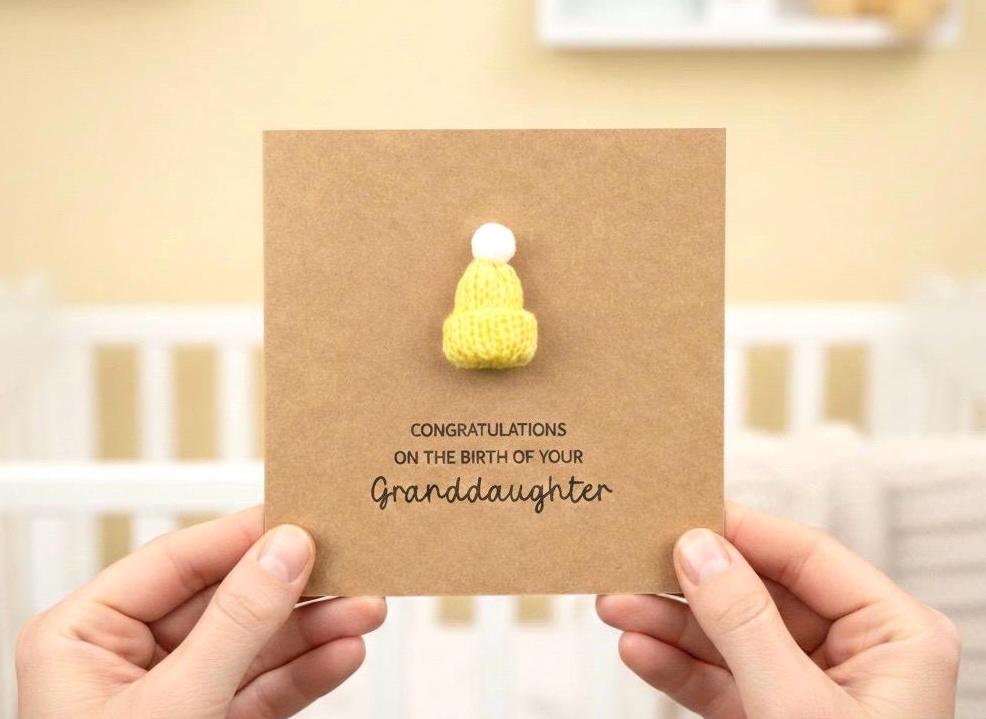 Congratulations On The Birth On Your Granddaughter - Handsome 3D Bobble Hat Personalised Baby Card for Grandparents