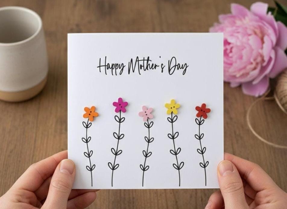 Handmade Mothers Day Card, Mum Flower Card, Mum Button Card, Special Mum Card