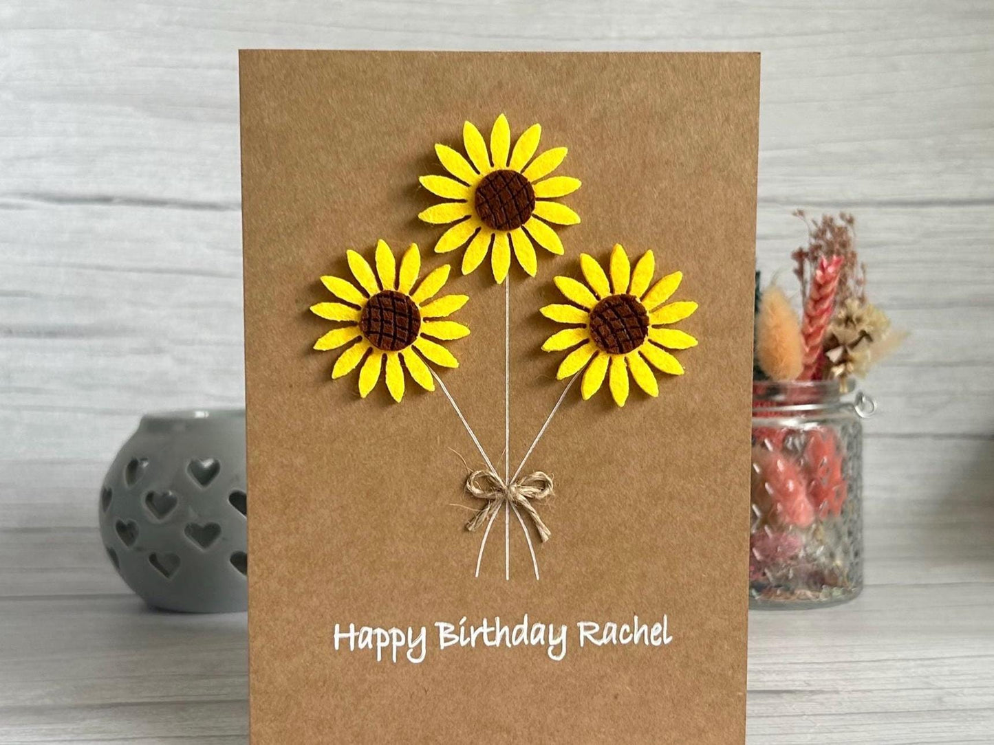 Personalised Felt Sunflower Birthday Card, Handmade 3D Flower Card for Mum or Friend, Rustic Floral Birthday Keepsake,