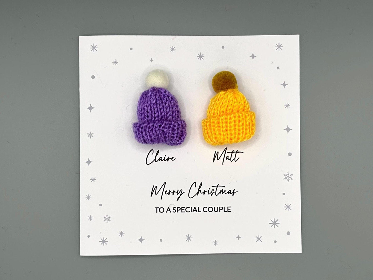 Merry Christmas to a Special Couple - Personalised Christmas Card With 3D Knitted Bobble Hats