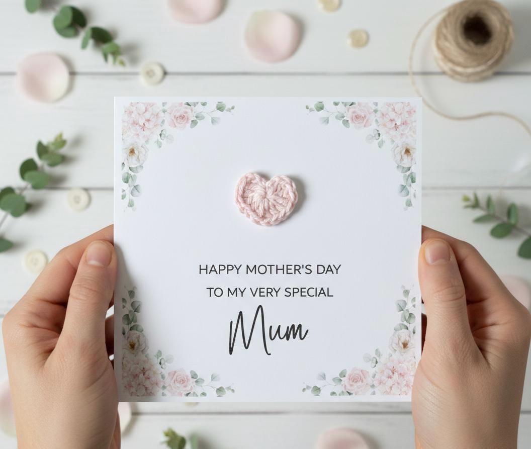 3D Crochet Heart Mother's Day Card - Happy Mothers Day Mum
