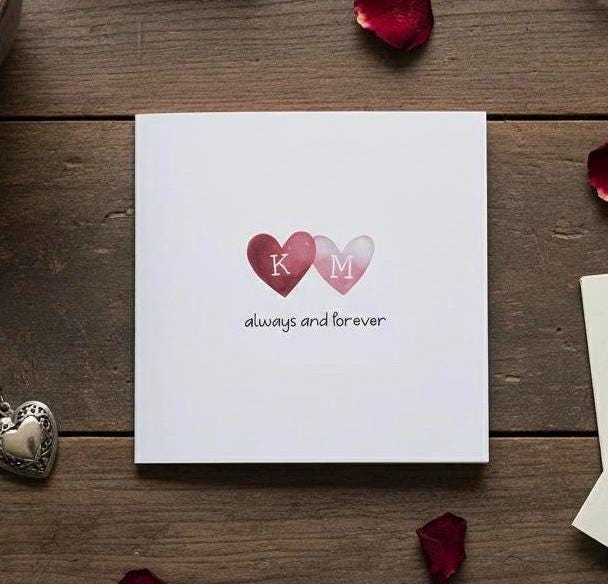 Anniversary Card, Romantic Card - Always And Forever, Cute Heart With Personalised Initials Card, Valentines Day Card