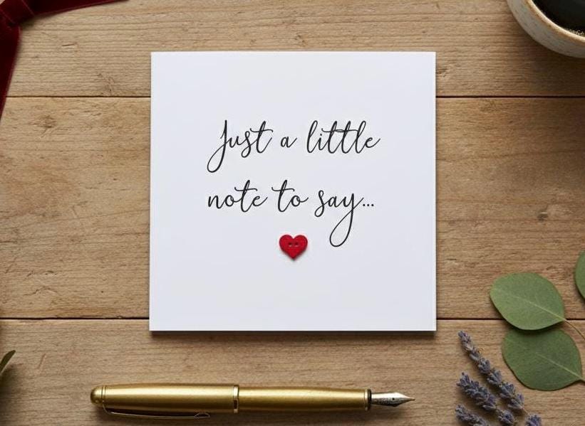 Handmade 3D Button Heart Card, Just a Little Note To Say, Minimalist Announcement Card With Red Heart