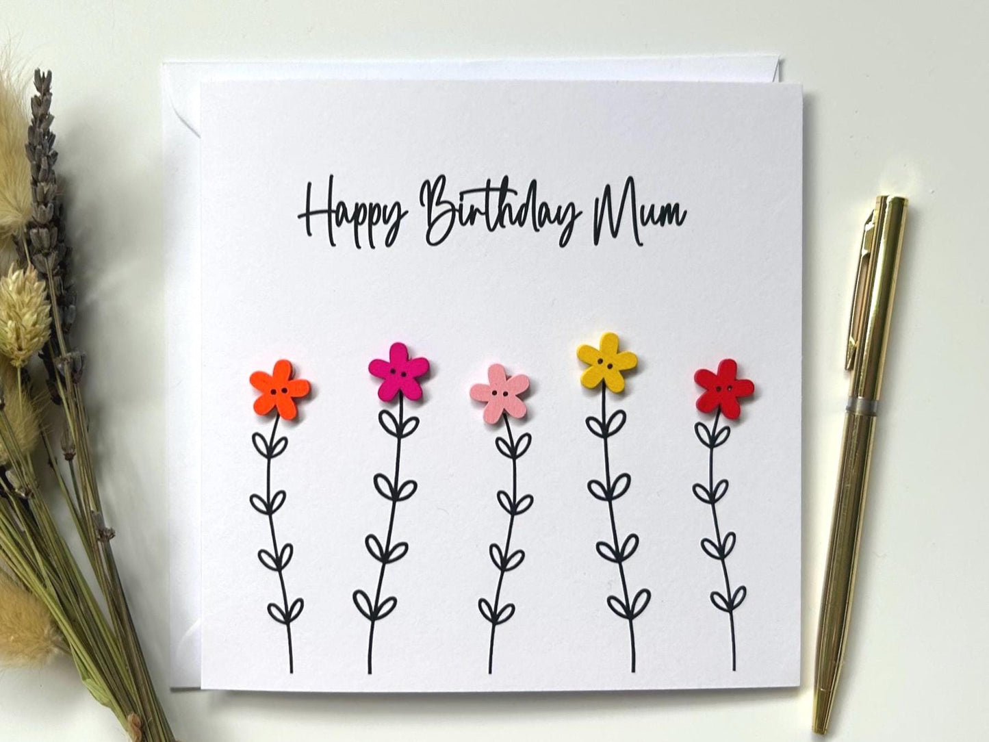 Handmade Mum Birthday Card, Mum Flower Card, Happy Birthday Mum, Button Birthday Card, Special Mum Card