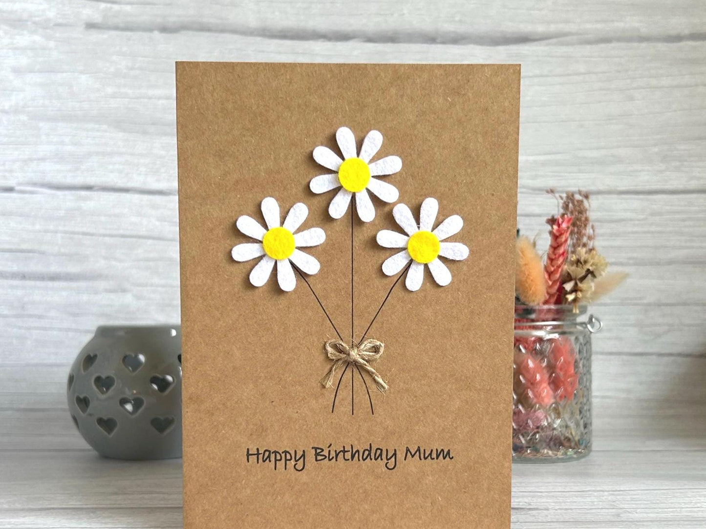 Personalised Felt Daisy Birthday Card, Handmade 3D Flower Card for Mum or Friend, Special Floral Birthday Keepsake with Twine Bow