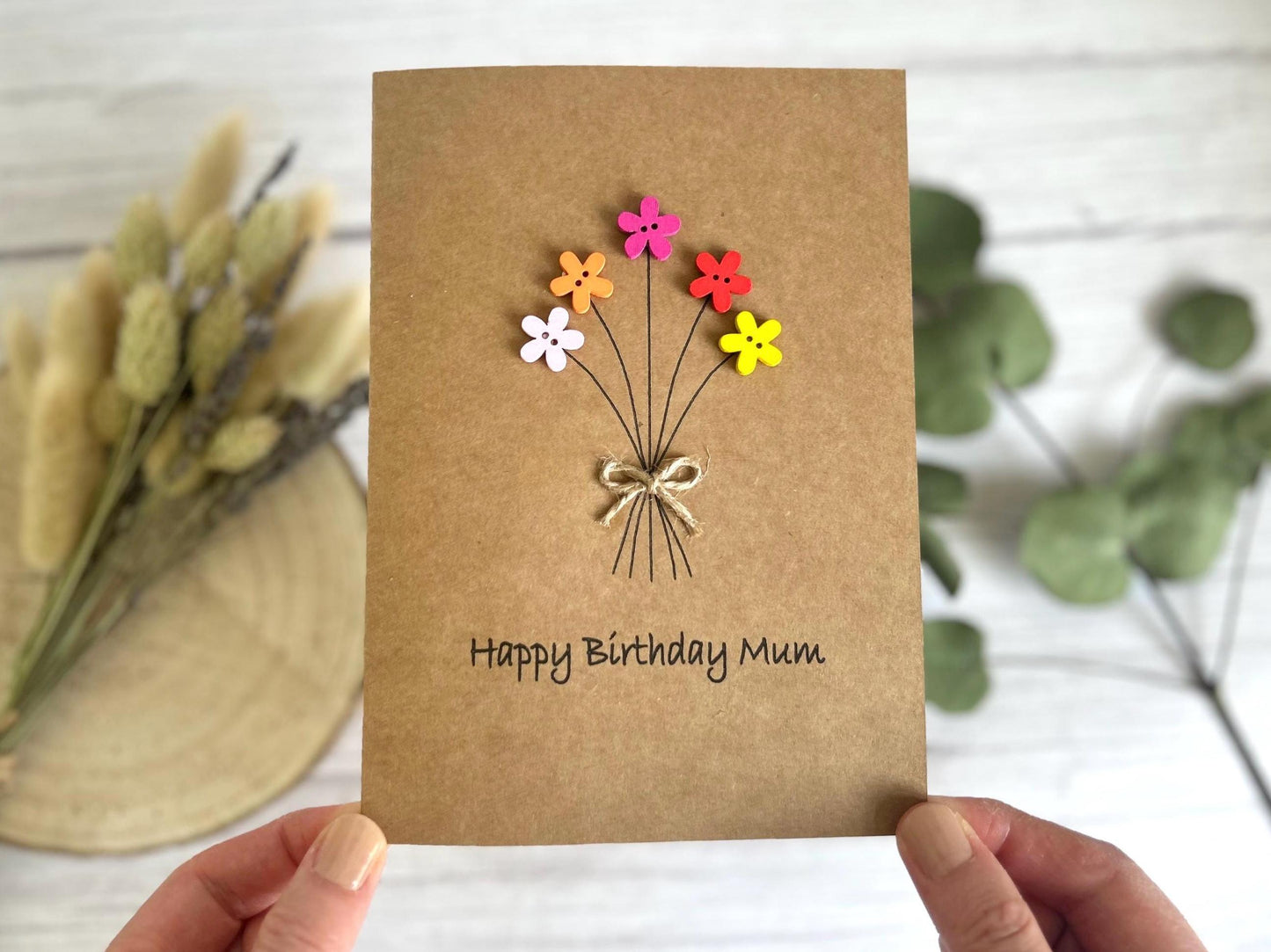 Personalised Happy Birthday Card, Friends Birthday Card, Button Birthday Card, Flowers Birthday Card, Mum Birthday Card