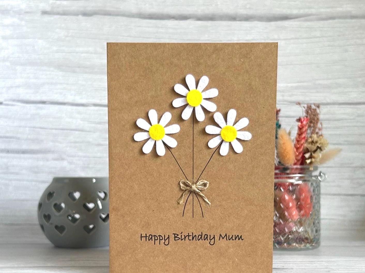 Personalised Felt Daisy Birthday Card, Handmade 3D Flower Card for Mum or Friend, Special Floral Birthday Keepsake with Twine Bow