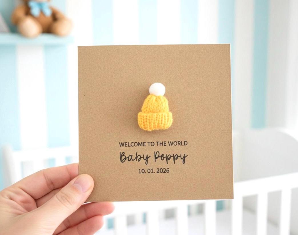 Personalised Knitted New Baby Card, Handmade Knitted Bobble Hat, New Baby Girl Card, Baby Granddaughter