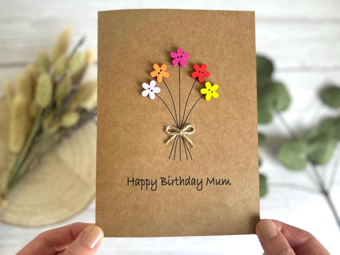 Personalised Happy Birthday Card, Friends Birthday Card, Button Birthday Card, Flowers Birthday Card, Mum Birthday Card
