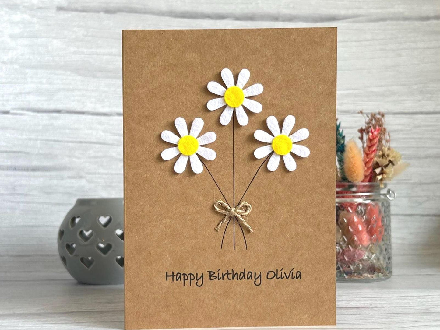 Personalised Felt Daisy Birthday Card, Handmade 3D Flower Card for Mum or Friend, Special Floral Birthday Keepsake with Twine Bow