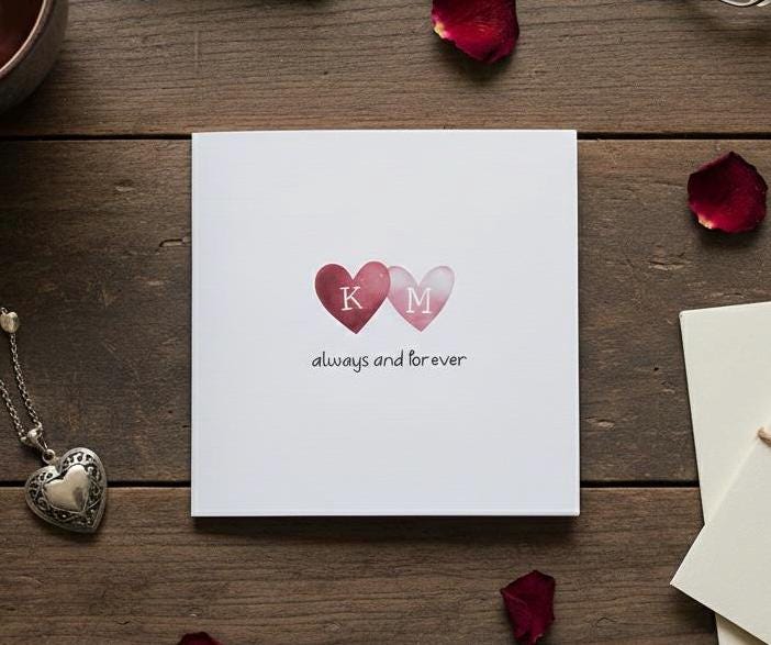 Anniversary Card, Romantic Card - Always And Forever, Cute Heart With Personalised Initials Card, Valentines Day Card