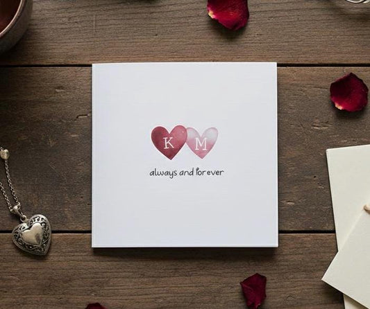 Anniversary Card, Romantic Card - Always And Forever, Cute Heart With Personalised Initials Card, Valentines Day Card