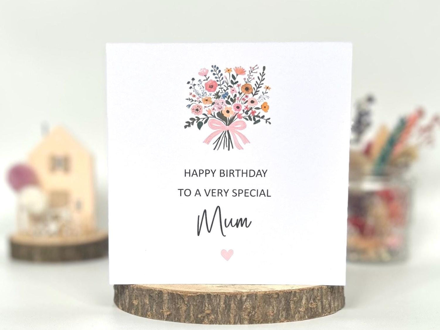 Personalised Mum Birthday Card, Happy Birthday Mum Card, Mum Floral Birthday Card With Ribbon Tied Bouquet