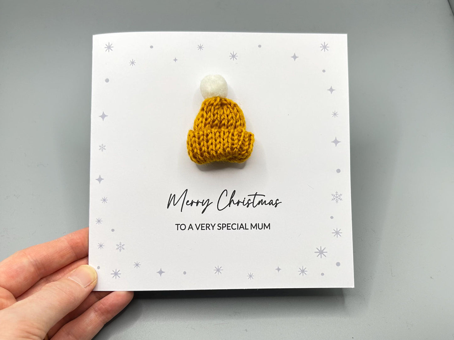 Merry Christmas To A Special Mum, Handmade Christmas Card With 3D Knitted Bobble Hat