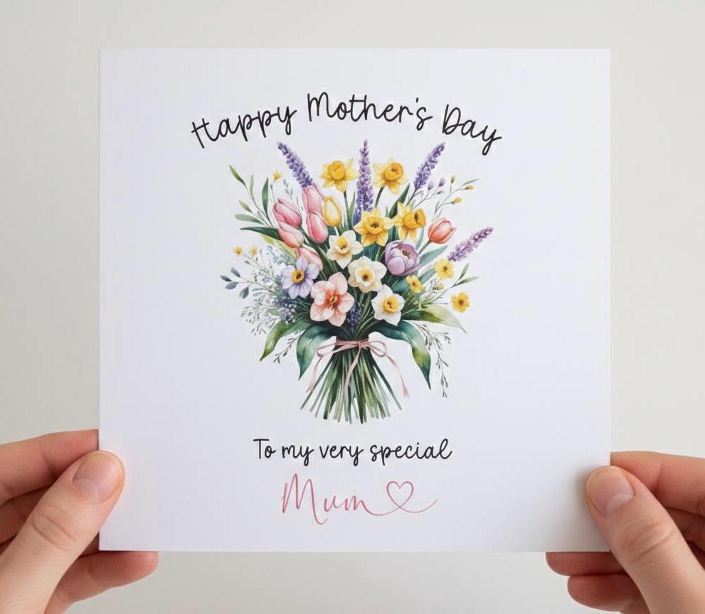 Handmade Mothers Day Card, Mum Flower Card, Mum Spring Daffodils Card, Special Mum Card