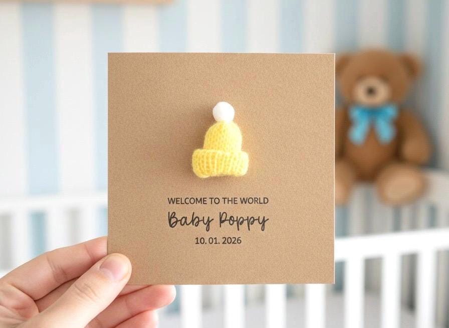 Personalised Knitted New Baby Card, Handmade Knitted Bobble Hat, New Baby Girl Card, Baby Granddaughter